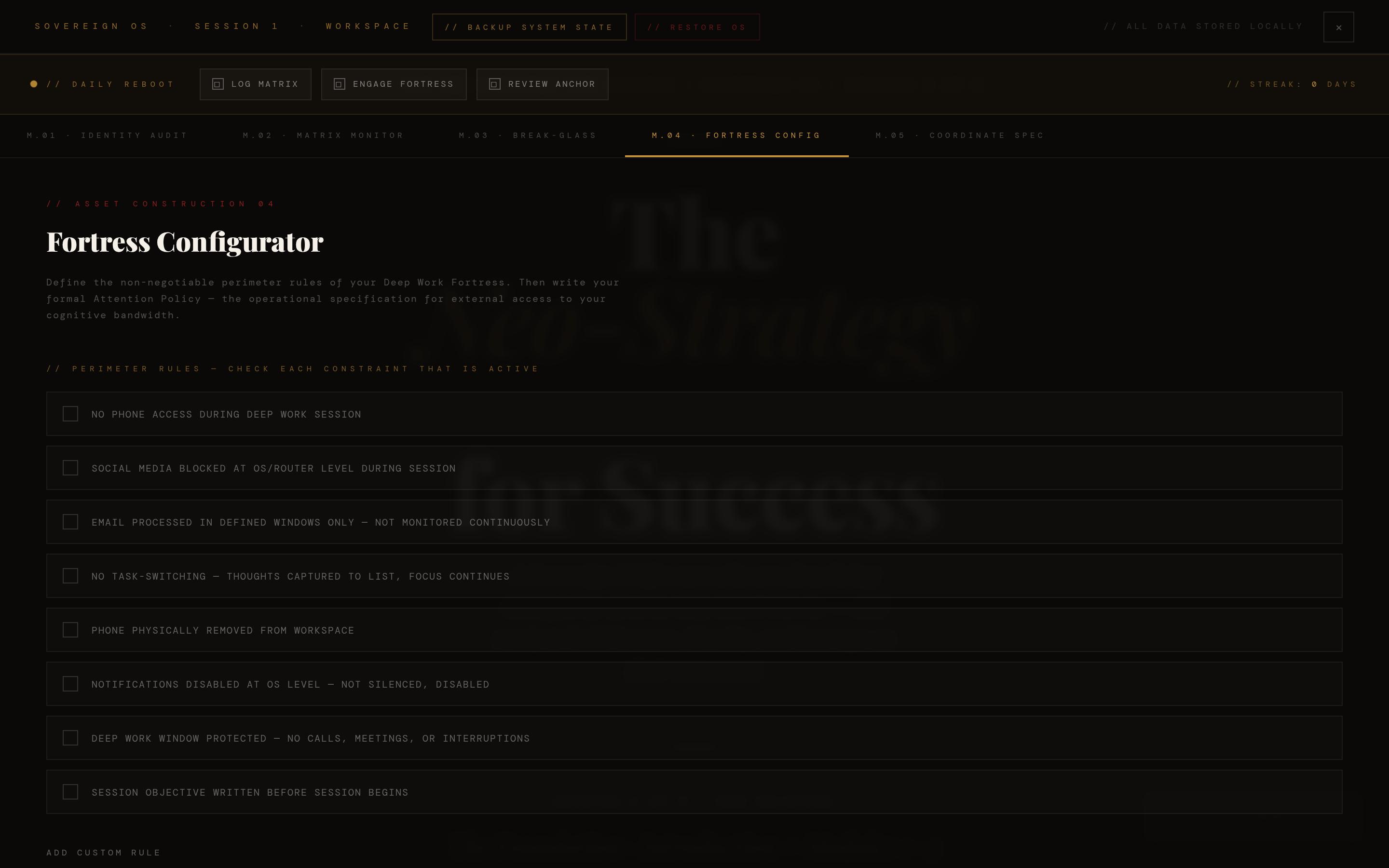 Fortress Configurator — checklist of deep work perimeter rules